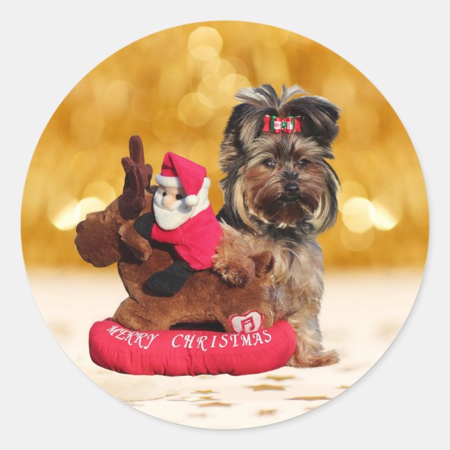 Cute Yorkshire Terrier Merry Christmas Classic Round Sticker (Front)