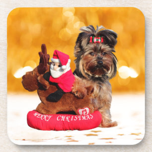Cute Yorkshire Terrier Merry Christmas Coaster