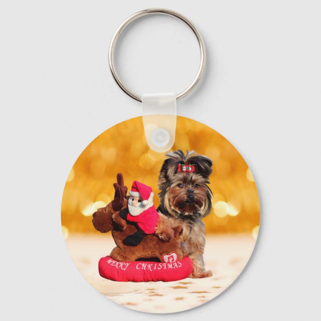 Cute Yorkshire Terrier Merry Christmas Key Ring (Front)