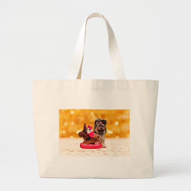 Cute Yorkshire Terrier Merry Christmas Large Tote Bag (Front)