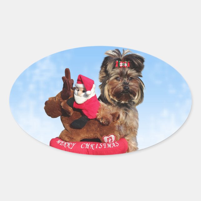 Cute Yorkshire Terrier Merry Christmas Oval Sticker (Front)