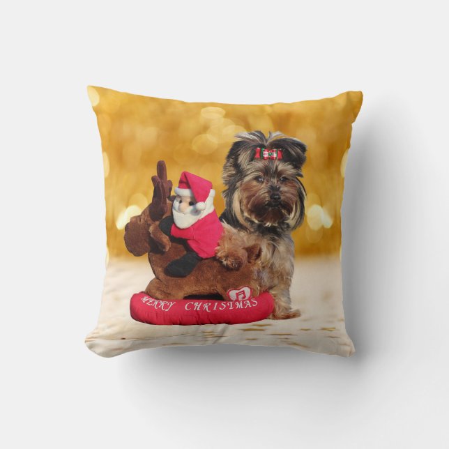 Cute Yorkshire Terrier Merry Christmas Pillow (Front)