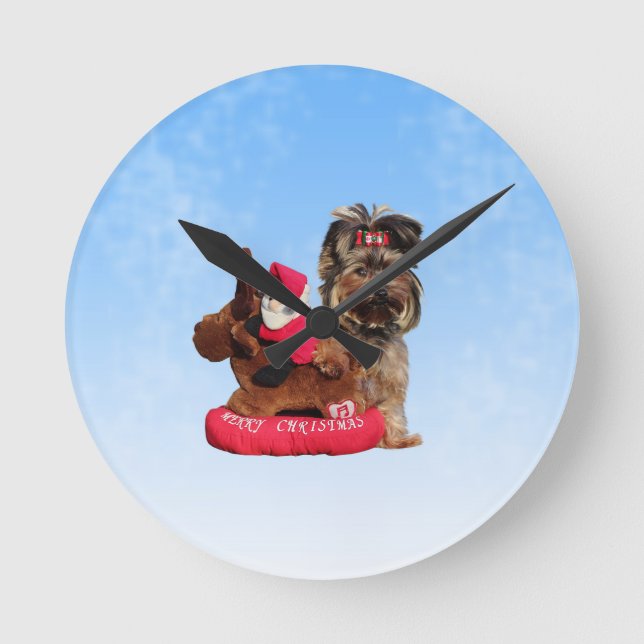 Cute Yorkshire Terrier Merry Christmas Round Clock (Front)