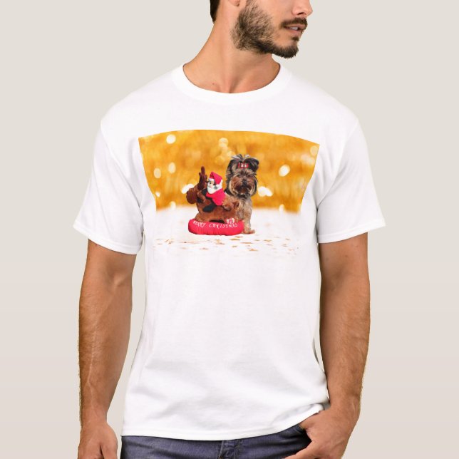 Cute Yorkshire Terrier Merry Christmas T-Shirt (Front)