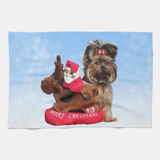 Cute Yorkshire Terrier Merry Christmas Tea Towel (Horizontal)