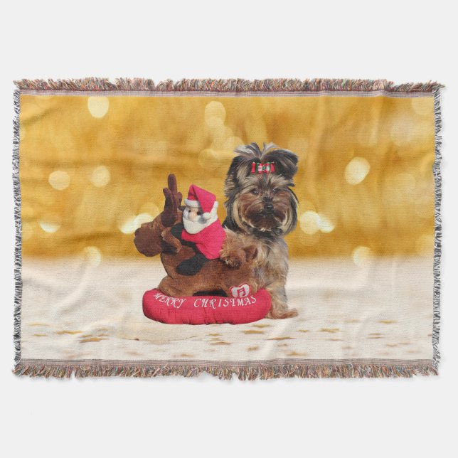 Cute Yorkshire Terrier Merry Christmas Throw Blanket (Front)