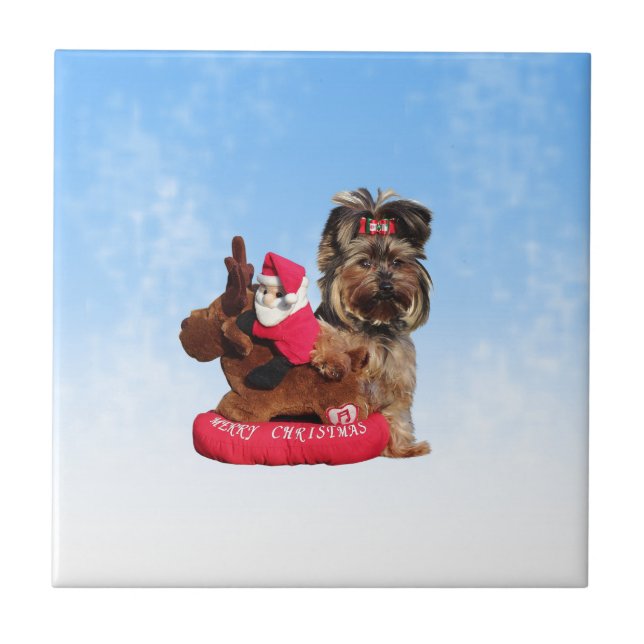 Cute Yorkshire Terrier Merry Christmas Tile (Front)