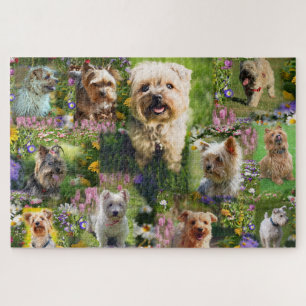 Cute Yorkshire Terrier Puppies & Colourful Flowers Jigsaw Puzzle