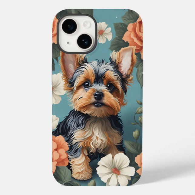 Cute Yorkshire Terrier Puppy Floral Case-Mate iPhone Case (Back)