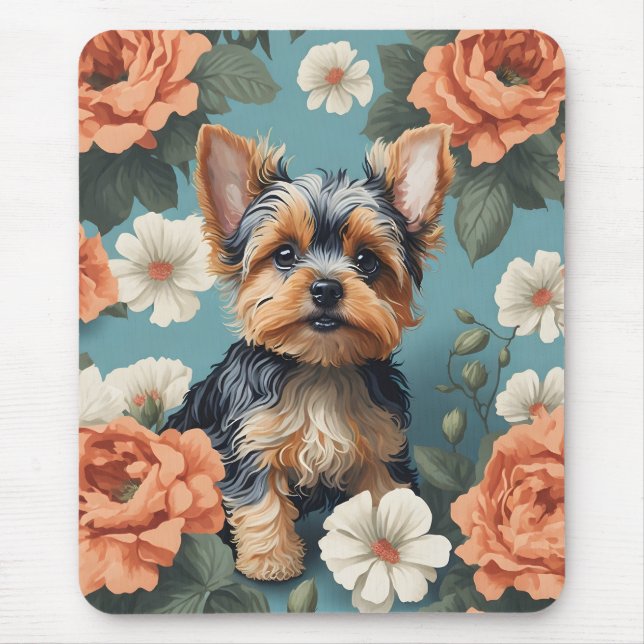 Cute Yorkshire Terrier Puppy Floral Mouse Mat (Front)