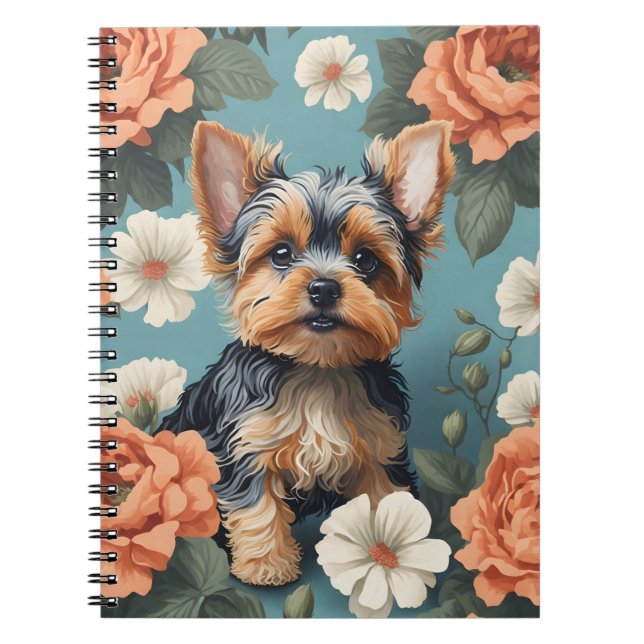 Cute Yorkshire Terrier Puppy Floral Notebook (Front)
