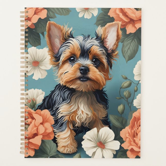 Cute Yorkshire Terrier Puppy Floral Planner (Front)
