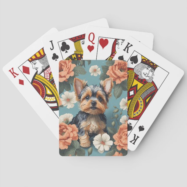 Cute Yorkshire Terrier Puppy Floral Playing Cards (Back)