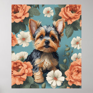 Cute Yorkshire Terrier Puppy Floral Poster
