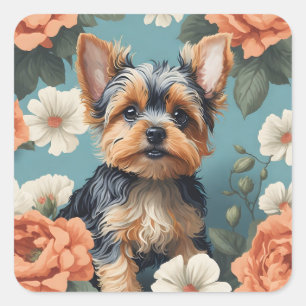 Cute Yorkshire Terrier Puppy Floral Square Sticker