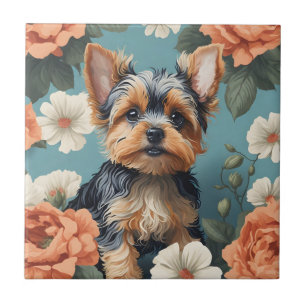 Cute Yorkshire Terrier Puppy Floral Tile