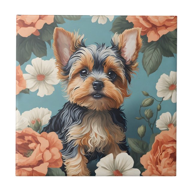 Cute Yorkshire Terrier Puppy Floral Tile (Front)