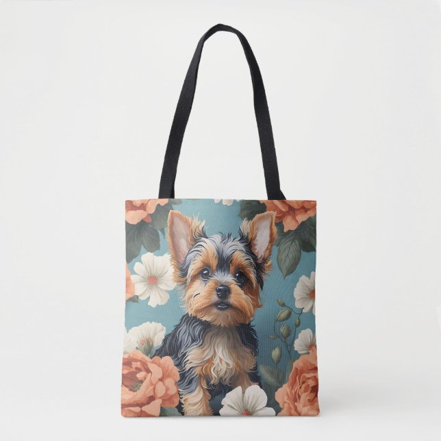 Cute Yorkshire Terrier Puppy Floral Tote Bag (Front)