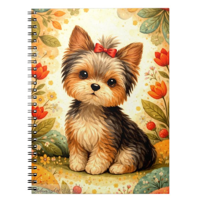 Cute Yorkshire Terrier Puppy with Red Bow Notebook (Front)