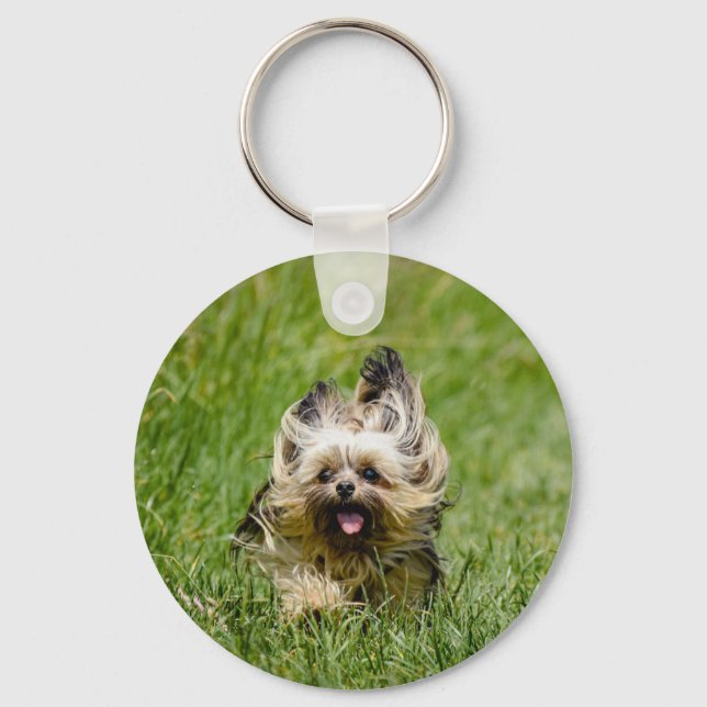 Cute Yorkshire Terrier Running Through Grass Key Ring (Front)
