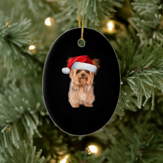 Cute Yorkshire Terrier Santa Puppy Christmas Ceramic Tree Decoration
