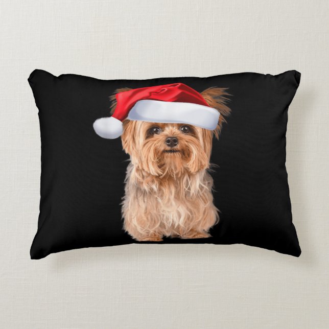 Cute Yorkshire Terrier Santa Puppy Christmas Decorative Cushion (Front)