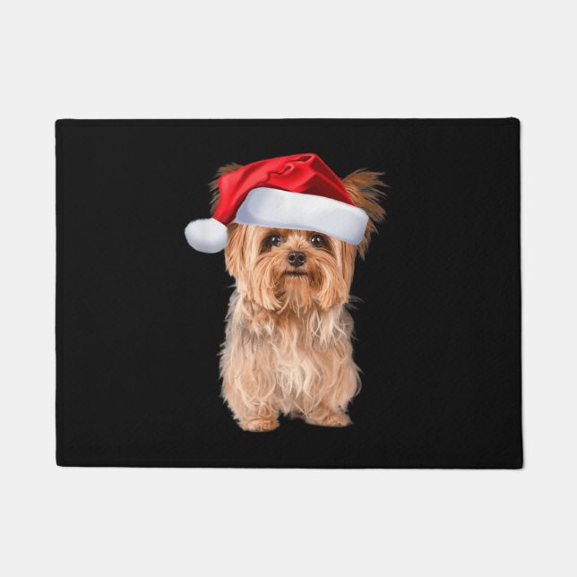 Cute Yorkshire Terrier Santa Puppy Christmas Doormat (Front)