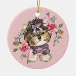 Cute Yorkshire Terrier Watercolor Art Ceramic Tree Decoration