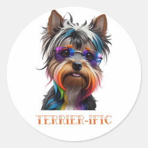 Cute Yorkshire Terrier Wearing Sunglasses Classic Round Sticker