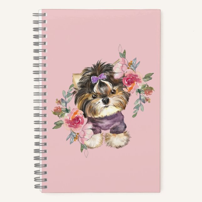 Cute Yorkshire Terrier Yorkie and Flowers Art  Notebook (Front)