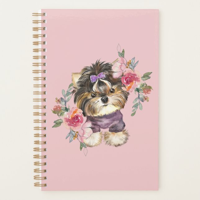 Cute Yorkshire Terrier Yorkie and Flowers Art  Planner (Front)