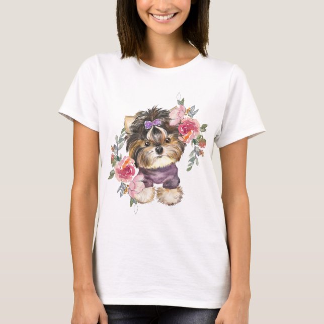 Cute Yorkshire Terrier Yorkie and Flowers Art T-Shirt (Front)