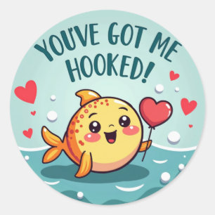 Cute 'You’ve Got Me Hooked!' Fish Valentine’s Classic Round Sticker