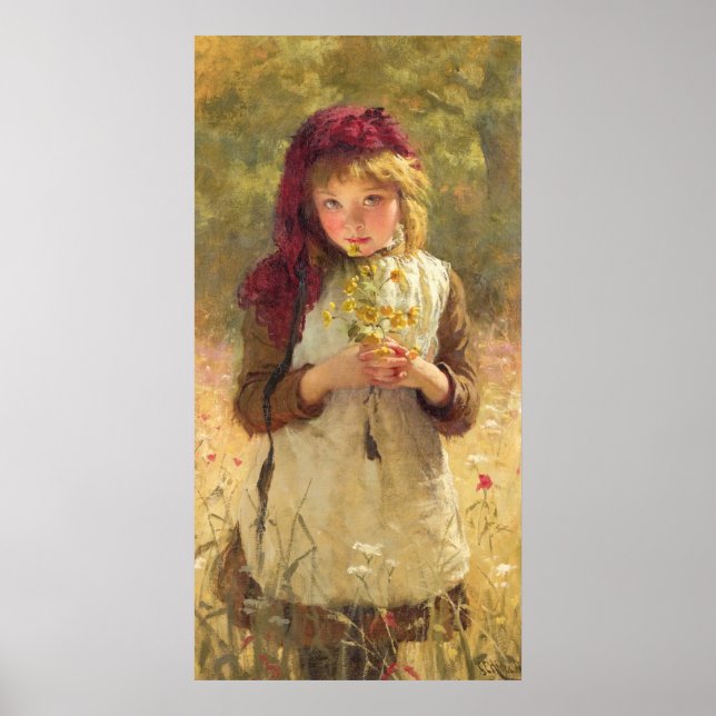 Cute Young Girl Holding Yellow Buttercup Flowers Poster (Front)
