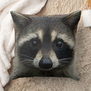 Cute Young Racoon Face Mask and Stare Close Up Cushion