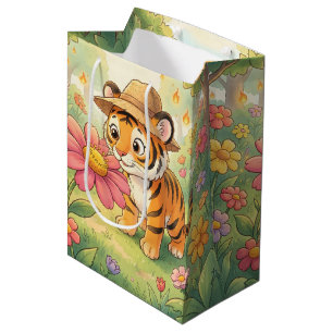 Cute young tiger with hat in garden medium gift bag