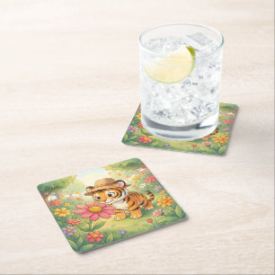 Cute young tiger with hat in garden square paper coaster