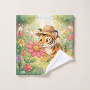Cute young tiger with hat in garden wash cloth