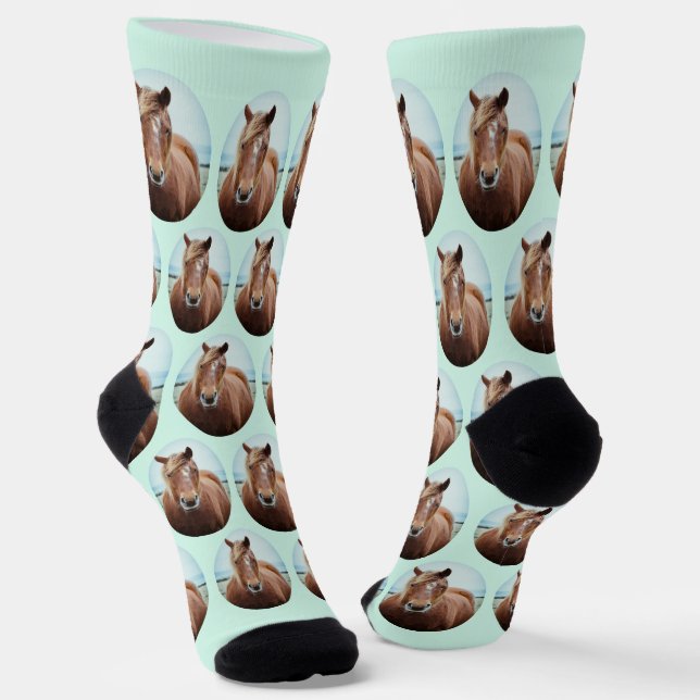 Cute Your Horse Photo Mint Green Oval Pet Custom Socks (Angled)