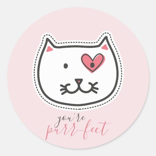 Cute You're Purrfect Kitty Cat Heart Valentine Classic Round Sticker (Front)