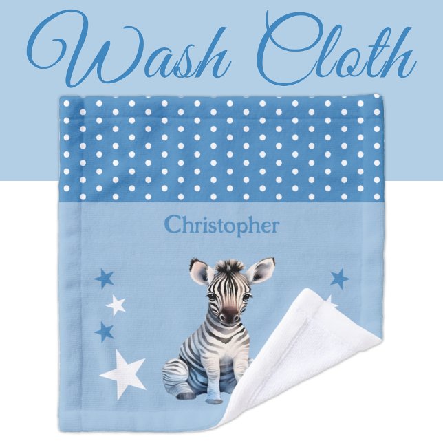 Cute zebra add name polka dots stars blue wash cloth (Creator Uploaded)