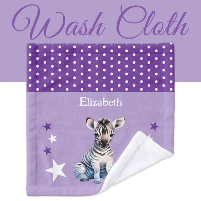 Cute zebra add name polka dots stars purple wash cloth (Creator Uploaded)