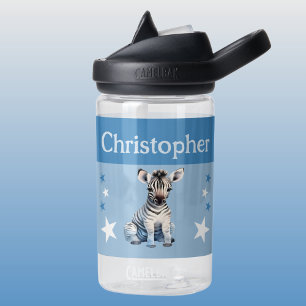 Cute zebra add name with stars kids blue water bottle