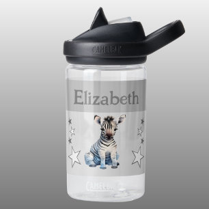 Cute zebra add name with stars kids grey water bottle
