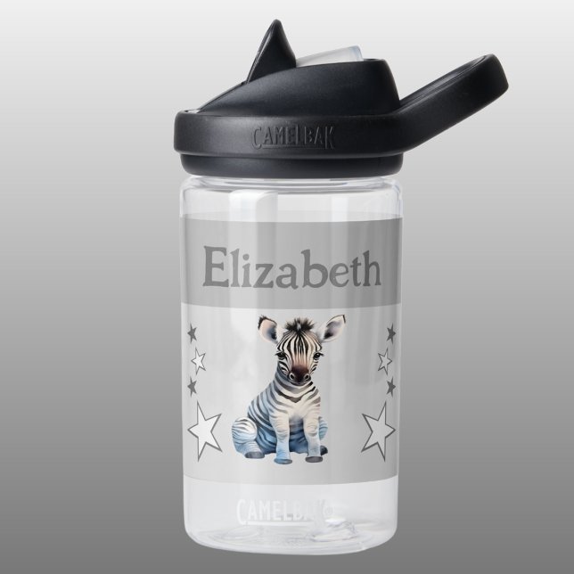 Cute zebra add name with stars kids grey water bottle (Creator Uploaded)