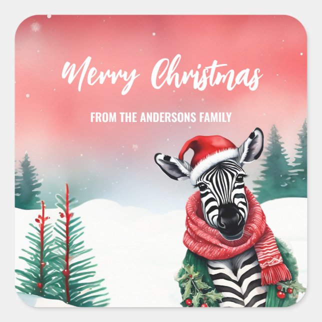Cute Zebra animal wild Santa Christmas party kids Square Sticker (Front)
