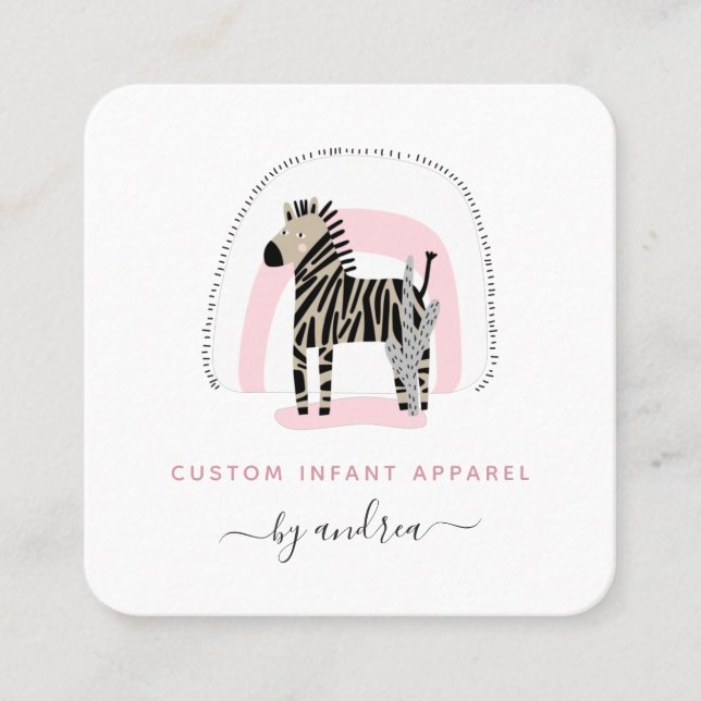 Cute Zebra Baby Pink Rainbow Kids Baby Boutique Square Business Card (Front)