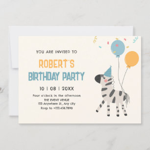 Cute zebra balloons birthday invitation