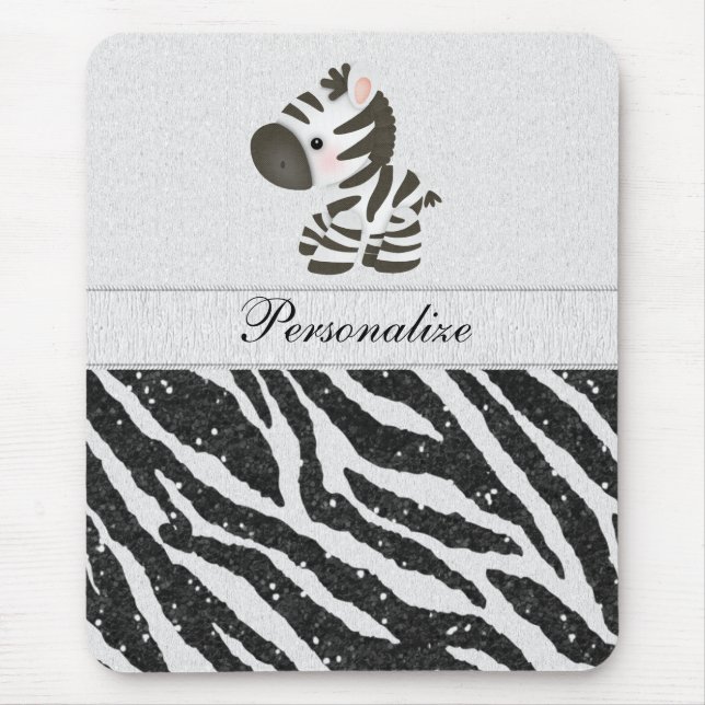 Cute Zebra & Black Printed Glitter Animal Print Mouse Mat (Front)