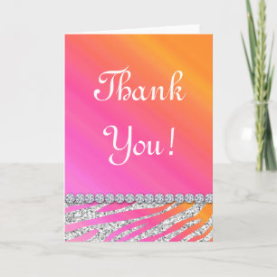 Cute Zebra Bling Glitter Orange Pink Gifts Thank You Card